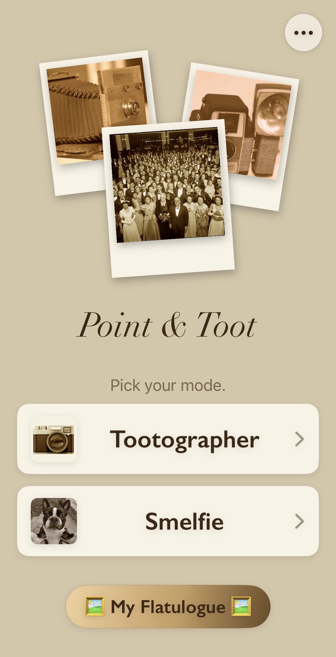Point & Toot home screen with mode picker and My Flatulogue button