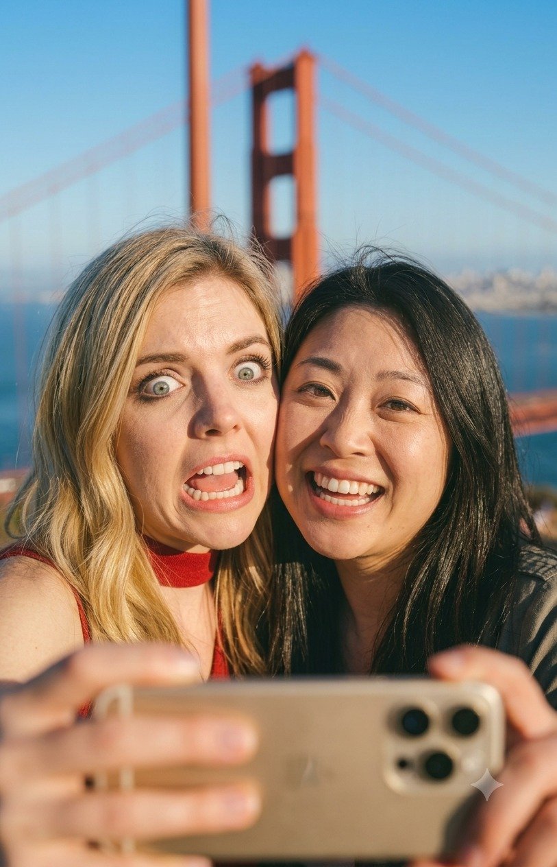 Two friends taking a shocked selfie in Smelfie Mode in front of the Golden Gate Bridge