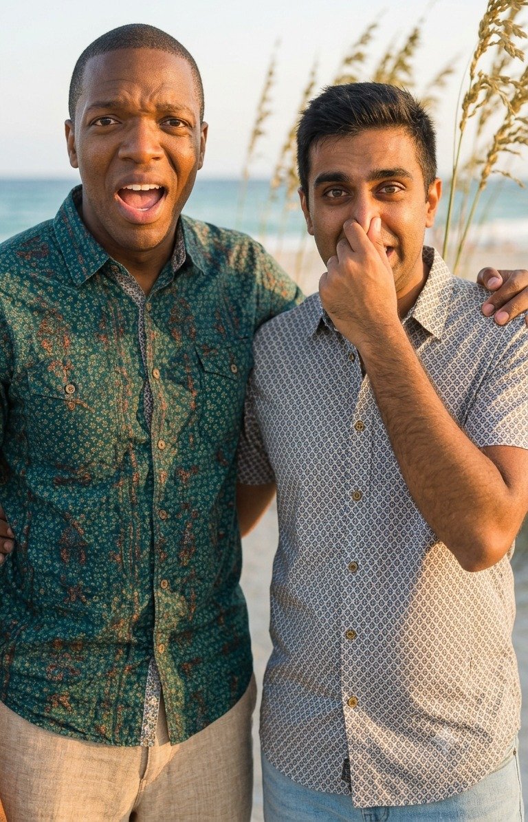 Two friends reacting on the beach in Tootographer Mode, one holding his nose